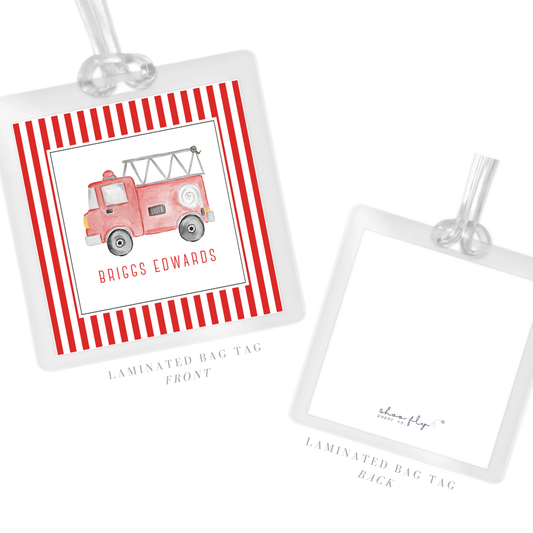 personalized laminated bag tag with watercolor fire truck design, ShooFly Paper Co. Auburn, Alabama