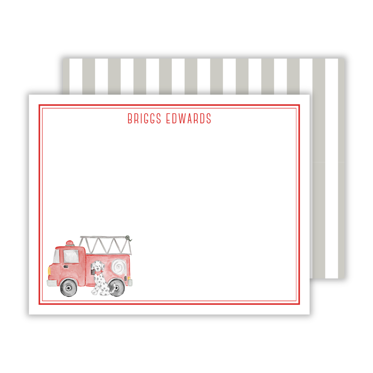 personalized kids notecard set with watercolor firetruck and Dalmatian, ShooFly Paper Co. Auburn, Alabama