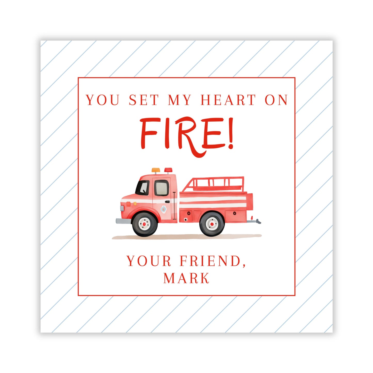 personalized valentines gift tag with watercolor firetruck, you set my heart on fire, ShooFly Paper Co. Auburn, Alabama