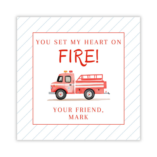 personalized valentines gift tag with watercolor firetruck, you set my heart on fire, ShooFly Paper Co. Auburn, Alabama