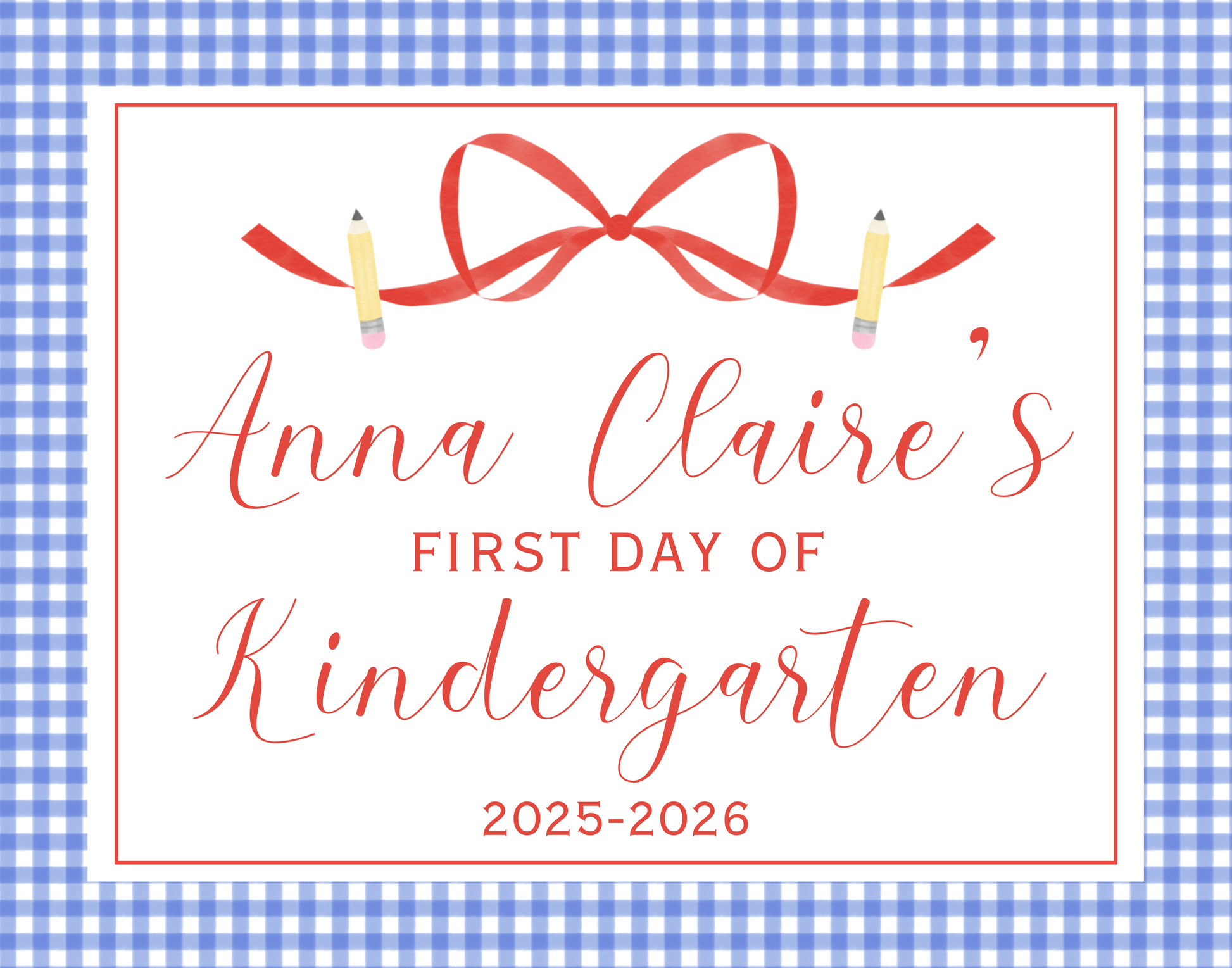 personalized gingham sign for first day of school, ShooFly Paper Co. Auburn, Alabama