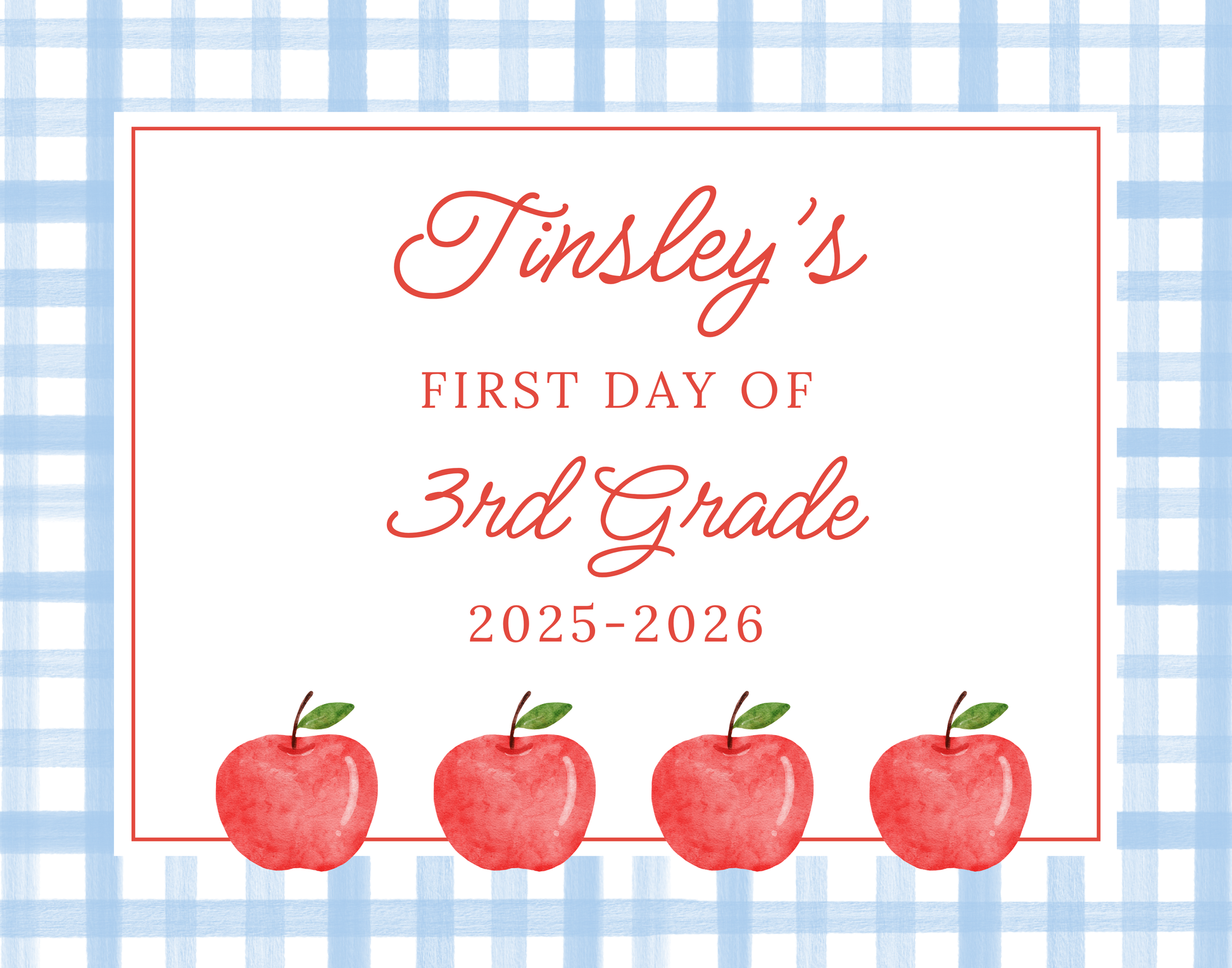 personalized gingham sign for first day of school, ShooFly Paper Co. Auburn, Alabama