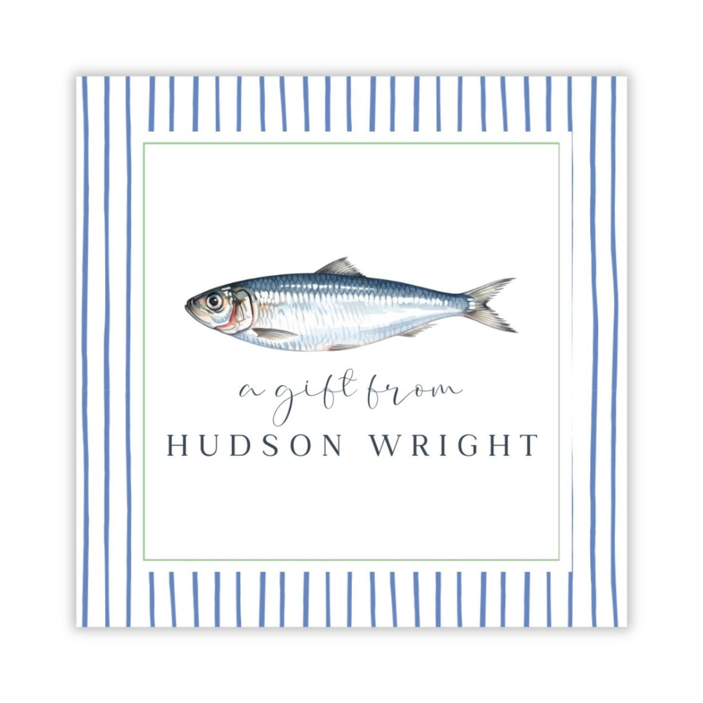 personalized gift tag with a blue and white striped background, a watercolor sardine fish, and a personalization below; perfect for kids birthday gifts; ShooFly Paper Co. Auburn, Alabama