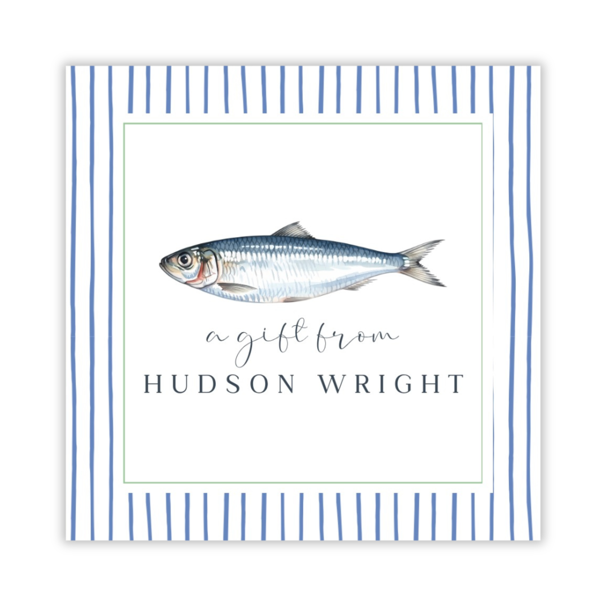 personalized gift tag with a blue and white striped background, a watercolor sardine fish, and a personalization below; perfect for kids birthday gifts; ShooFly Paper Co. Auburn, Alabama