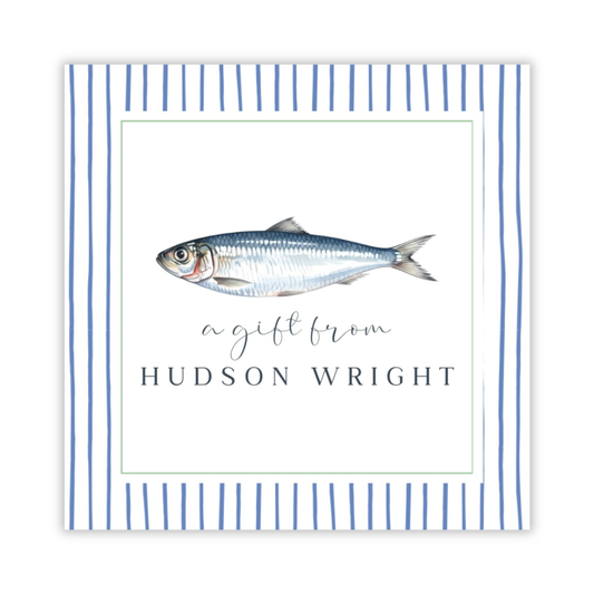 personalized gift tag with a blue and white striped background, a watercolor sardine fish, and a personalization below; perfect for kids birthday gifts; ShooFly Paper Co. Auburn, Alabama