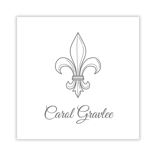 personalized gift tag with drawn fleur de lis emblem and script font name, ShooFly Paper Co. Auburn, Alabama