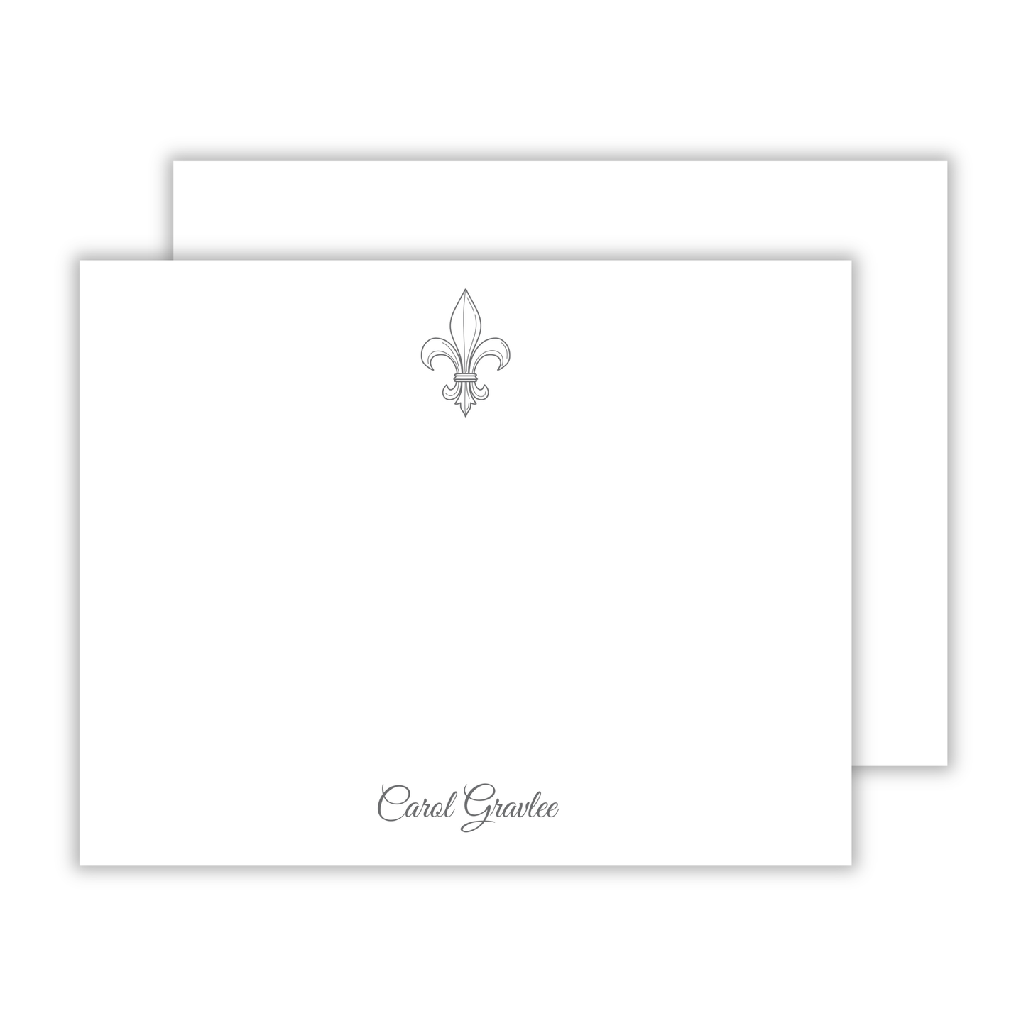 personalized stationery with drawn fleur de lis emblem and script font name, ShooFly Paper Co. Auburn, Alabama