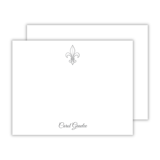 personalized stationery with drawn fleur de lis emblem and script font name, ShooFly Paper Co. Auburn, Alabama