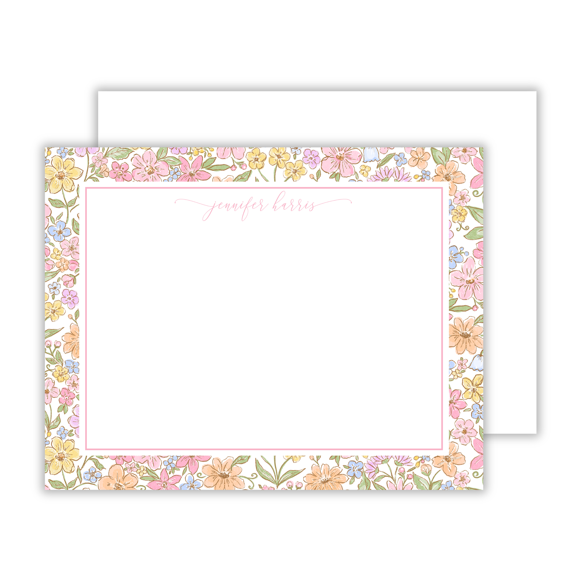 personalized notecard set with drawn floral border and elegant script name, ShooFly Paper Co. Auburn, Alabama