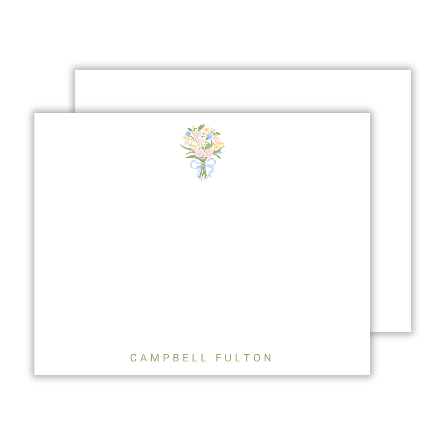personalized notecard set with floral bouquet and simple printed name, ShooFly Paper Co. Auburn, Alabama