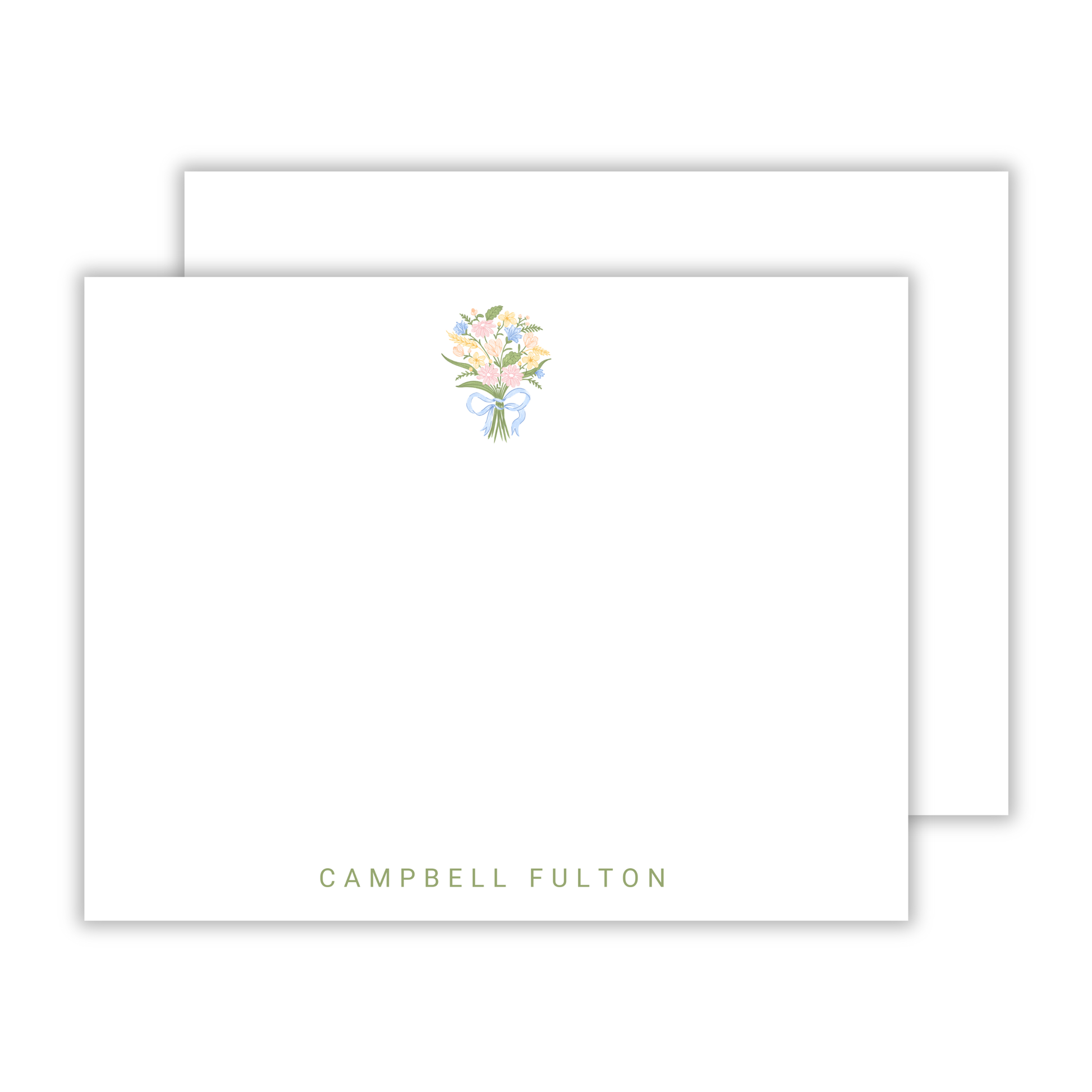 personalized notecard set with floral bouquet and simple printed name, ShooFly Paper Co. Auburn, Alabama
