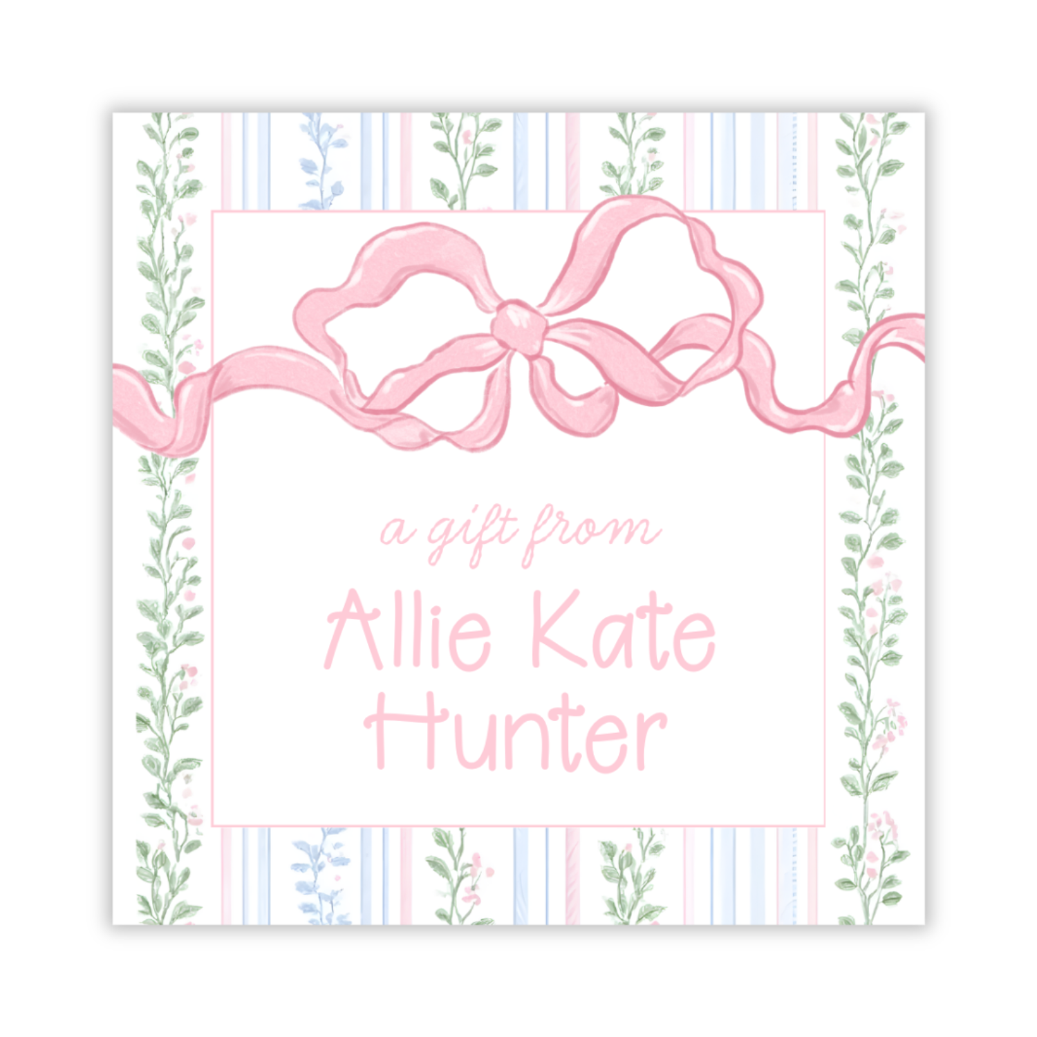 personalized gift tag with floral stripe background and watercolor pink bow, ShooFly Paper Co. Auburn, Alabama