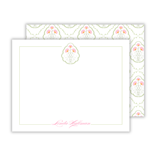personalized notecard set with pink, orange, and green floral pattern, ShooFly Paper Co. Auburn, Alabama