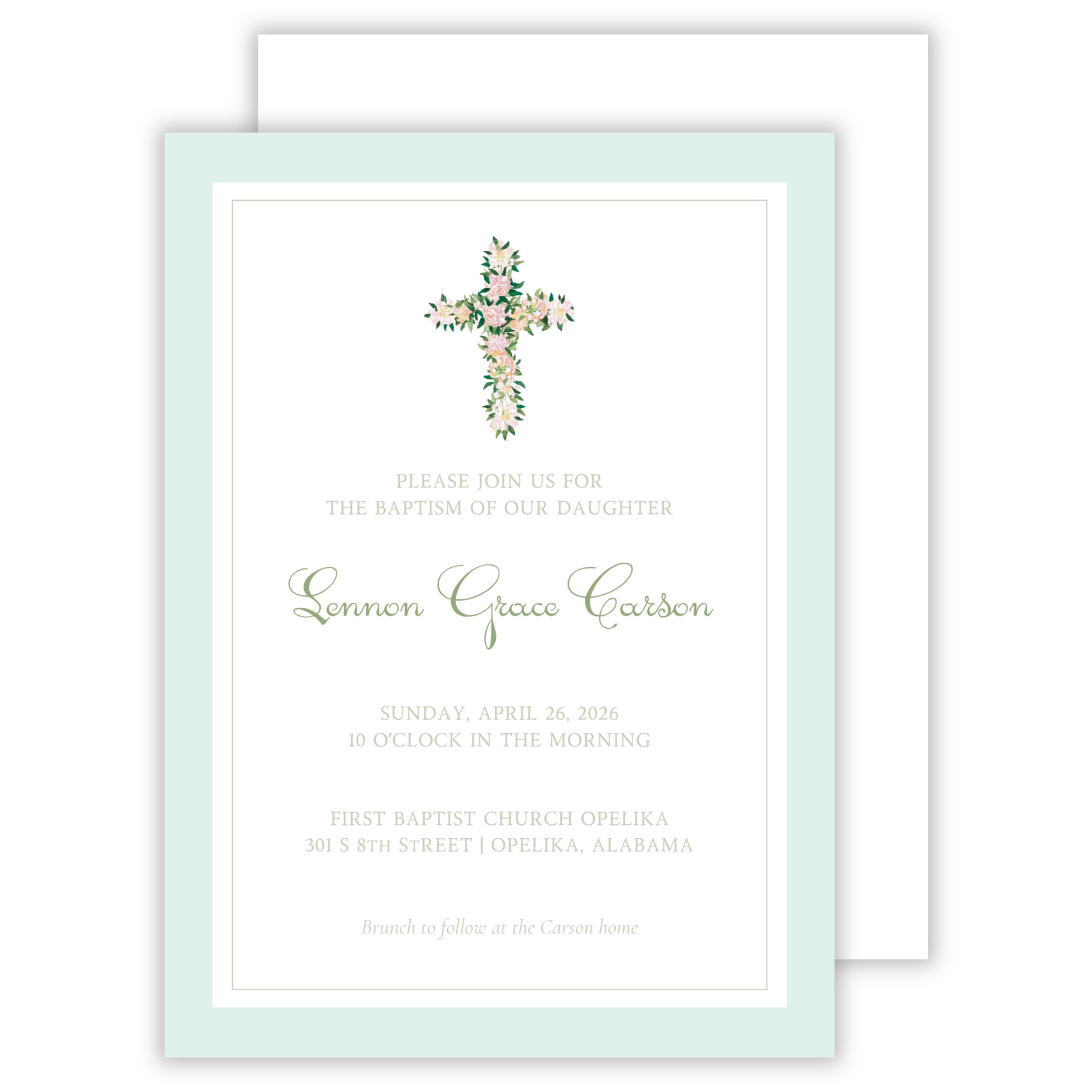 personalized baptism announcement with watercolor floral cross and calm pastel colors, ShooFly Paper Co. Auburn, Alabama