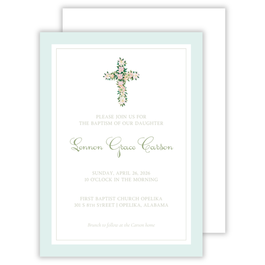 personalized baptism announcement with watercolor floral cross and calm pastel colors, ShooFly Paper Co. Auburn, Alabama