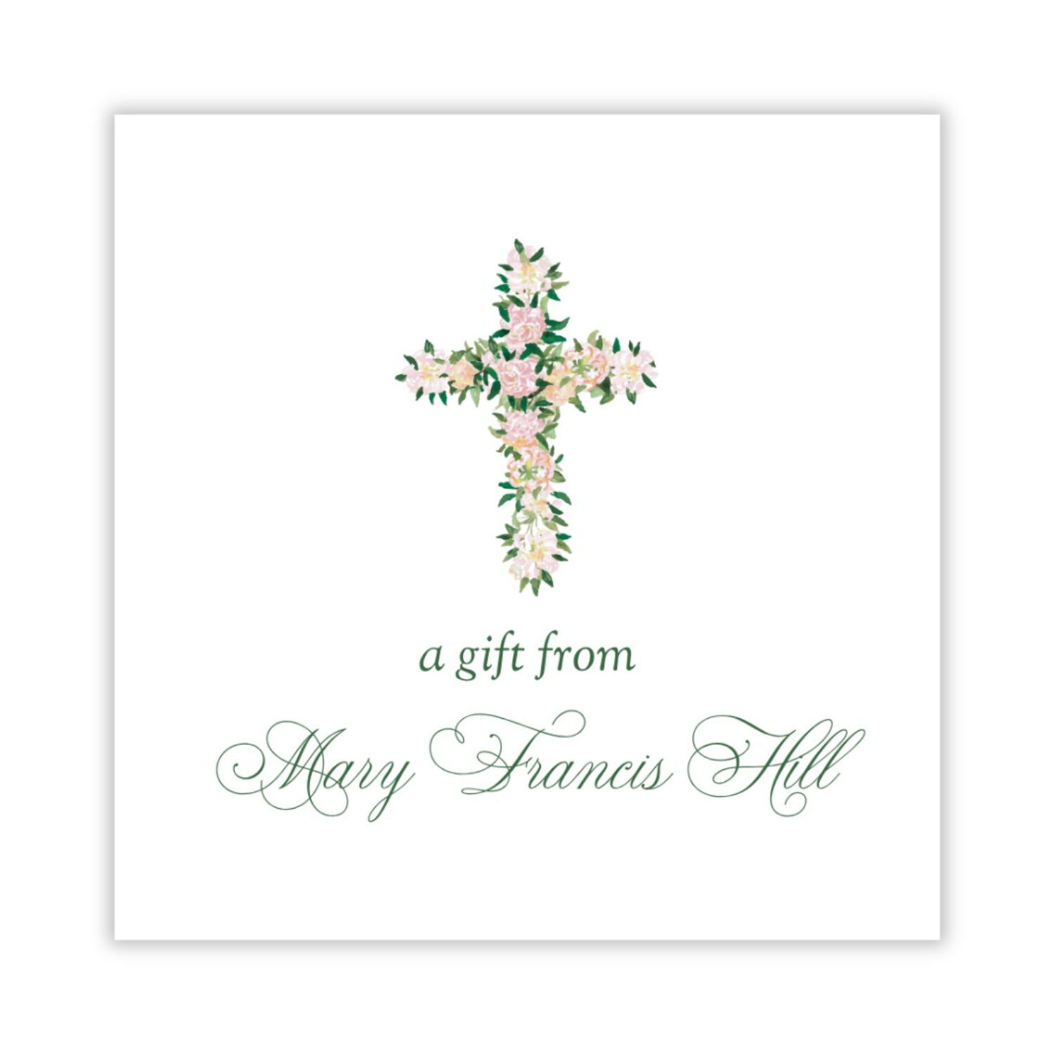 personalized square gift tag with watercolor floral cross and script name, ShooFly Paper Co. Auburn, Alabama