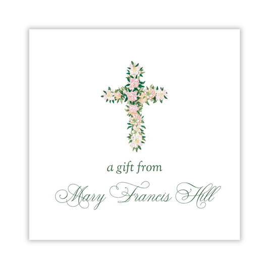 personalized square gift tag with watercolor floral cross and script name, ShooFly Paper Co. Auburn, Alabama