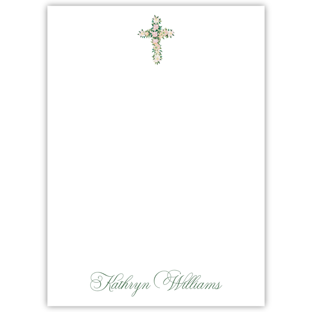 personalized notepad with watercolor floral cross and script font name, ShooFly Paper Co. Auburn, Alabama
