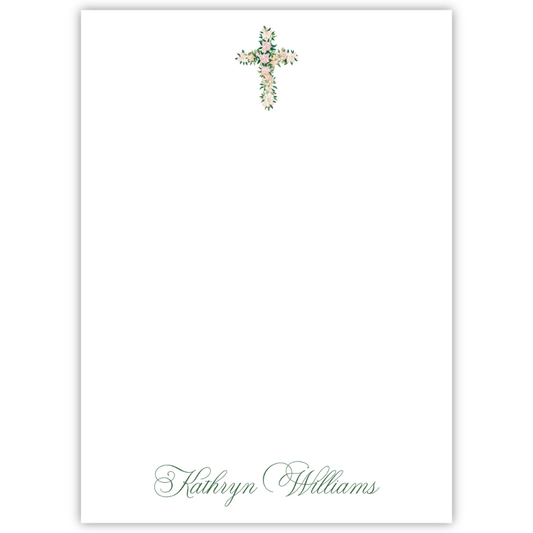 personalized notepad with watercolor floral cross and script font name, ShooFly Paper Co. Auburn, Alabama
