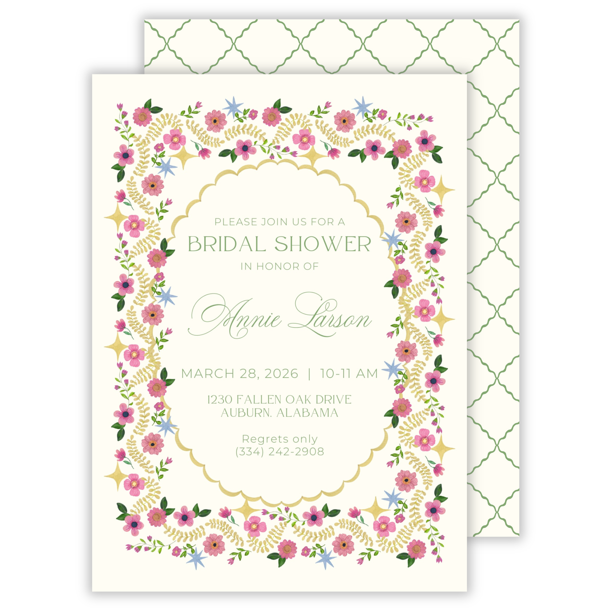 bridal shower invitation with colorful floral border and scallop oval, ShooFly Paper Co. Auburn, Alabama
