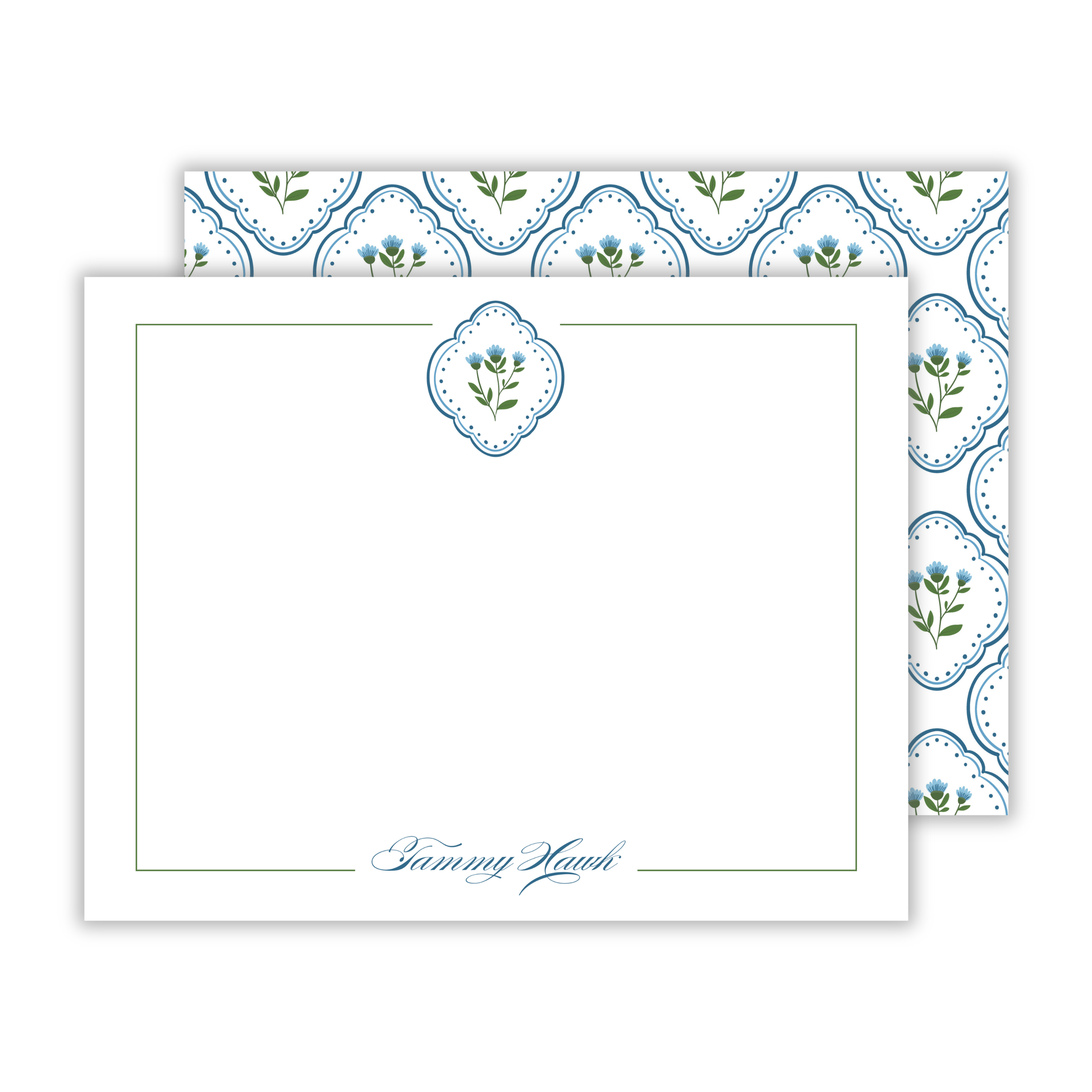 personalized floral stationery, blue  green, patterned back ShooFly Paper Co.