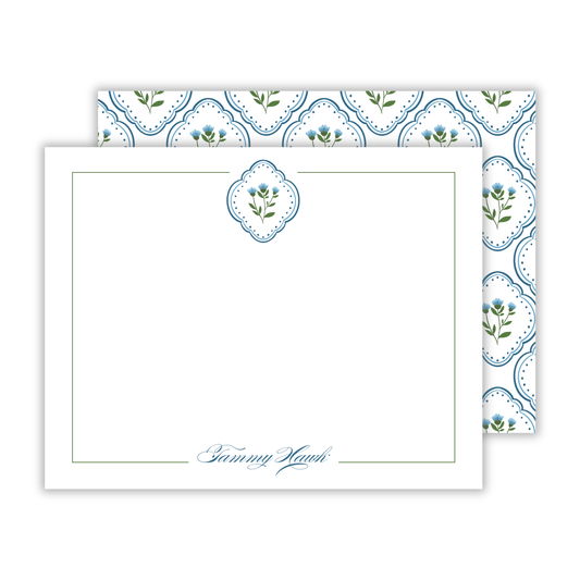 personalized floral stationery, blue  green, patterned back ShooFly Paper Co.