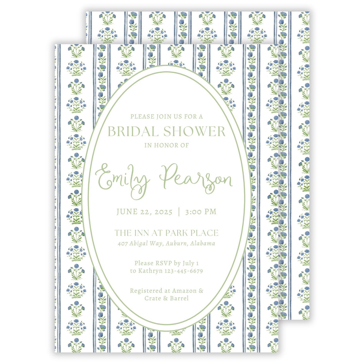 bridal shower invitation with a striped floral pattern in blues and greens, ShooFly Paper Co. Auburn, Alabama