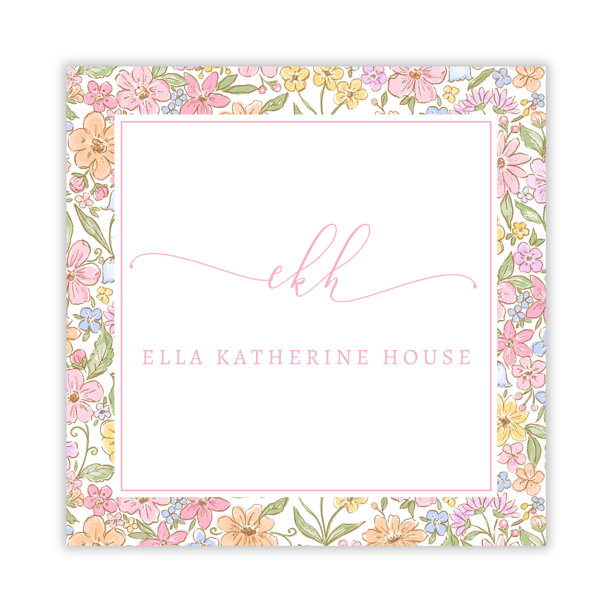 personalized gift tag for girl, womens monogram gift tag, floral border with script initial and name, ShooFly Paper Co. Auburn, Alabama