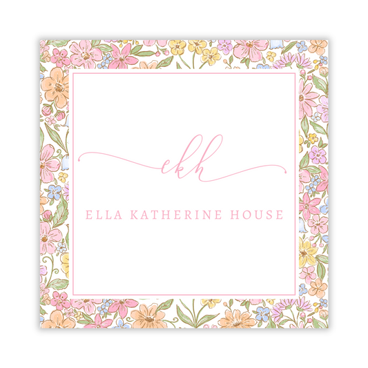 personalized gift tag for girl, womens monogram gift tag, floral border with script initial and name, ShooFly Paper Co. Auburn, Alabama