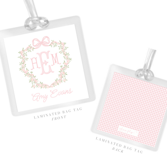 laminated bag tag with monogram inside floral crest & pink gingham back; ShooFly Paper Co. Auburn, AL