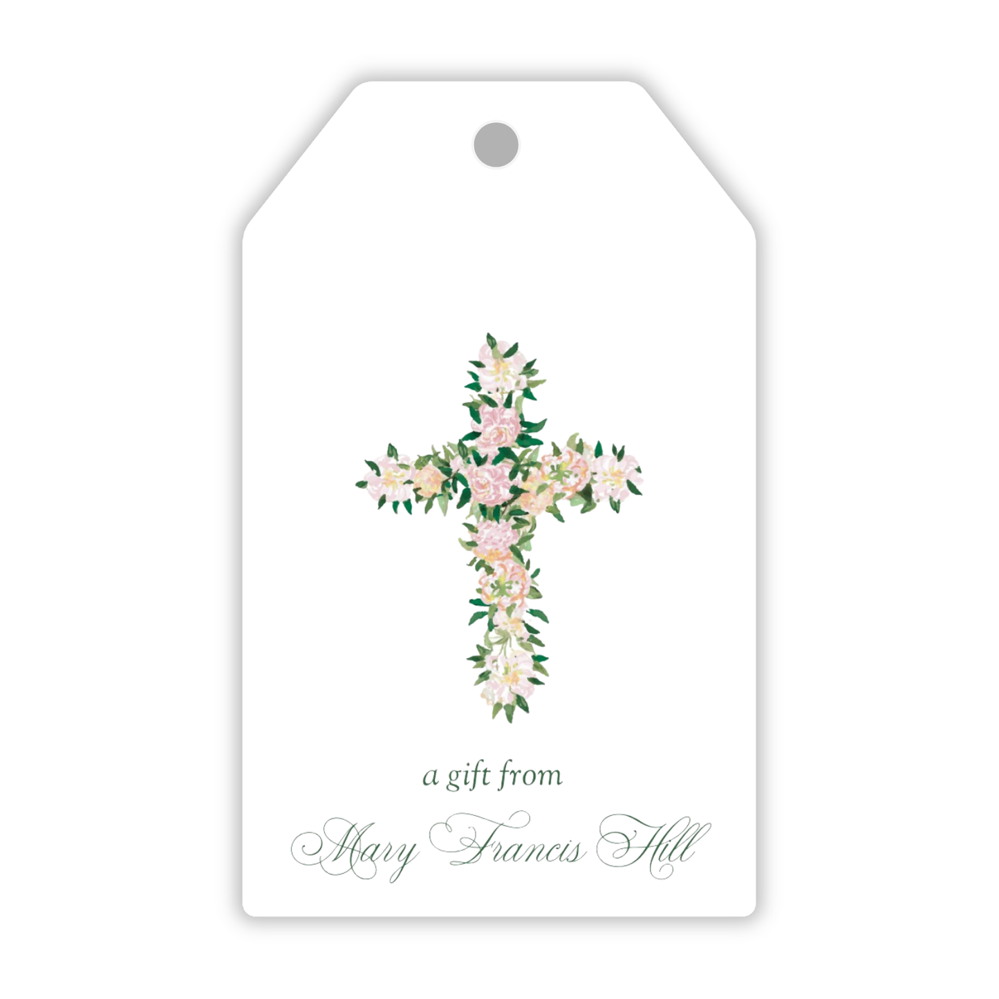 personalized hanging gift tag with floral cross and script font name, ShooFly Paper Co. Auburn, Alabama