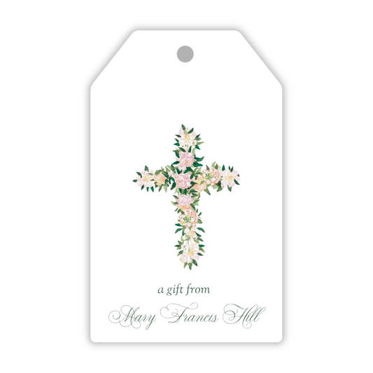 personalized hanging gift tag with floral cross and script font name, ShooFly Paper Co. Auburn, Alabama