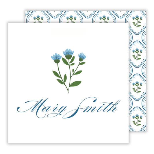 personalized gift tag for women with blue and green elegant floral scallop pattern and script name, ShooFly Paper Co. Auburn, Alabama