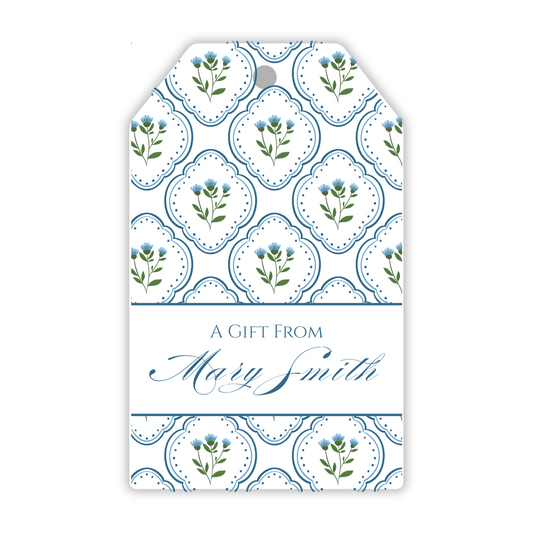 personalized gift tag, hanging gift tag with elegant floral scallop pattern and classic script name, ShooFly Paper Co. Auburn, Alabama