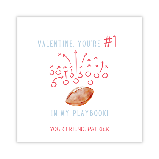 valentine gift tag with watercolor football and play, valentine, you're #1, ShooFly Paper Co. Auburn, Alabama