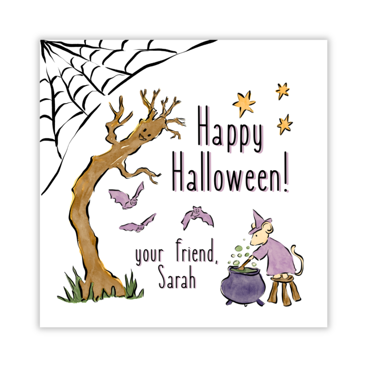 personalized Halloween gift tag with drawn forest friends scene, ShooFly Paper Co. Auburn, Alabama