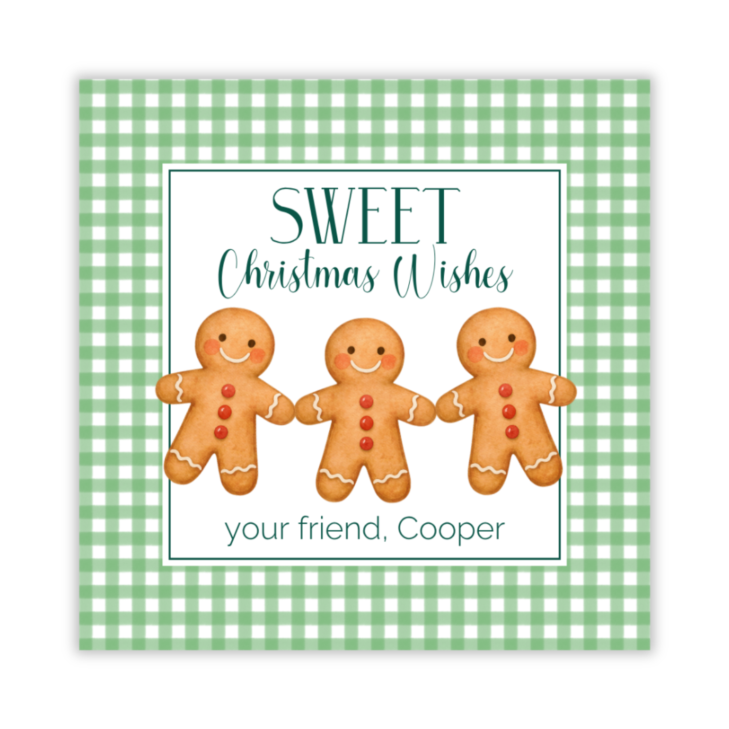 personalized Christmas gift tag with green gingham background and watercolor gingerbread men, ShooFly Paper Co. Auburn, Alabama