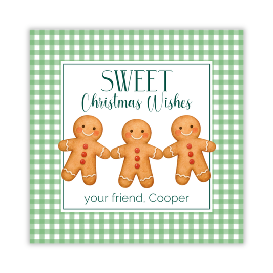 personalized Christmas gift tag with green gingham background and watercolor gingerbread men, ShooFly Paper Co. Auburn, Alabama