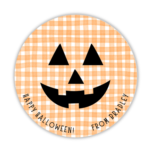 round orange gingham gift tag with jack o lantern face; ShooFly Paper Co. Auburn, Alabama