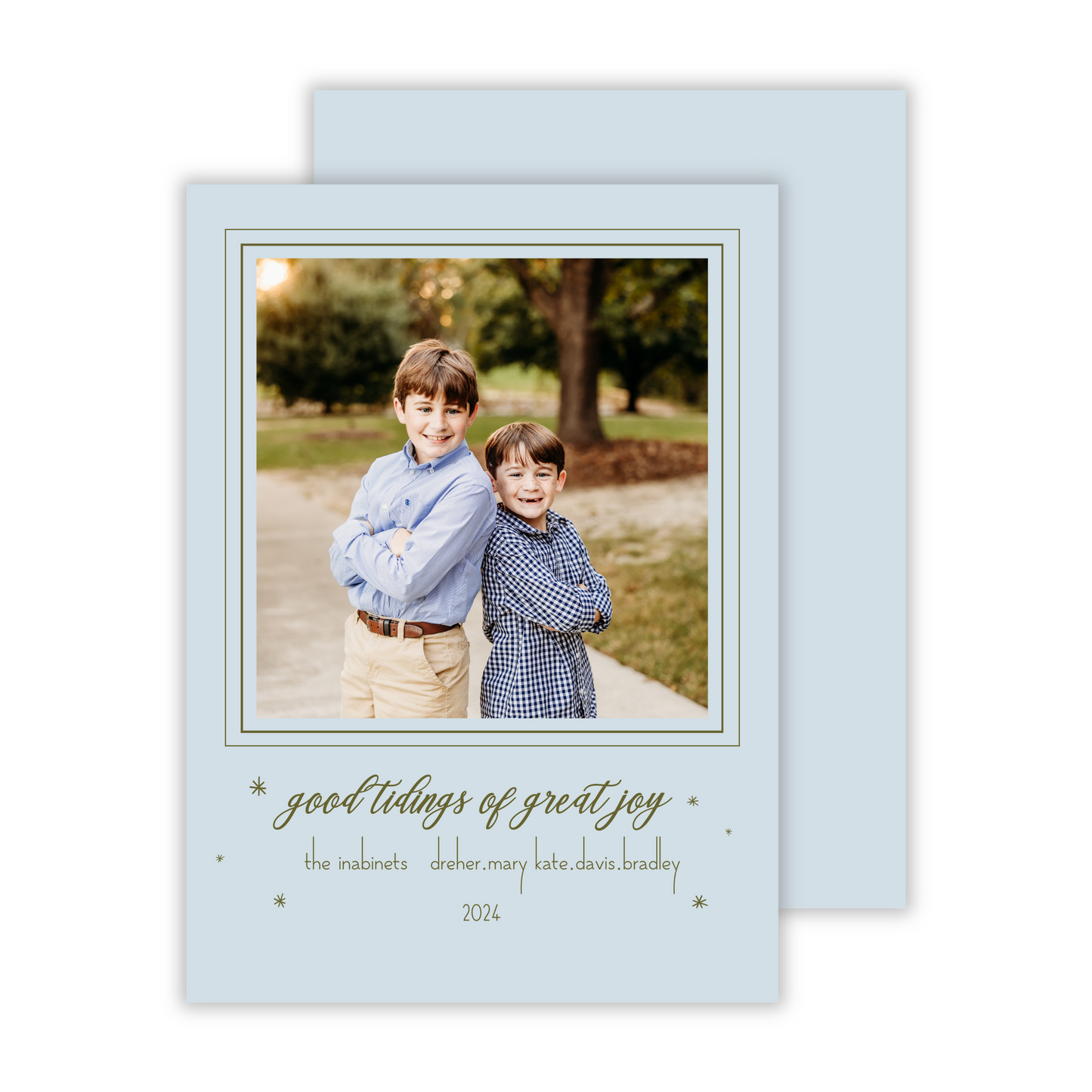 photo christmas card with blue background and green text that reads good tidings of great joy, ShooFly Paper Co. Auburn, Alabama