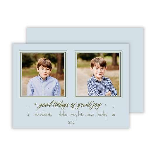 photo christmas card with two photos on blue background with green text that reads good tidings of great joy, ShooFly Paper Co. Auburn, Alabama