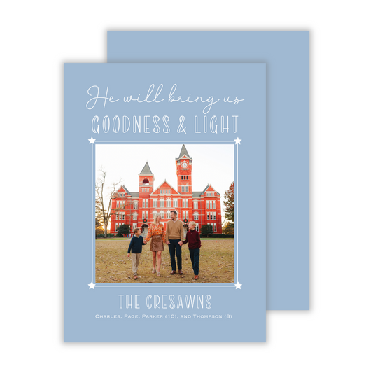 photo christmas card with star border and goodness and light reference, ShooFly Paper Co. Auburn, Alabama