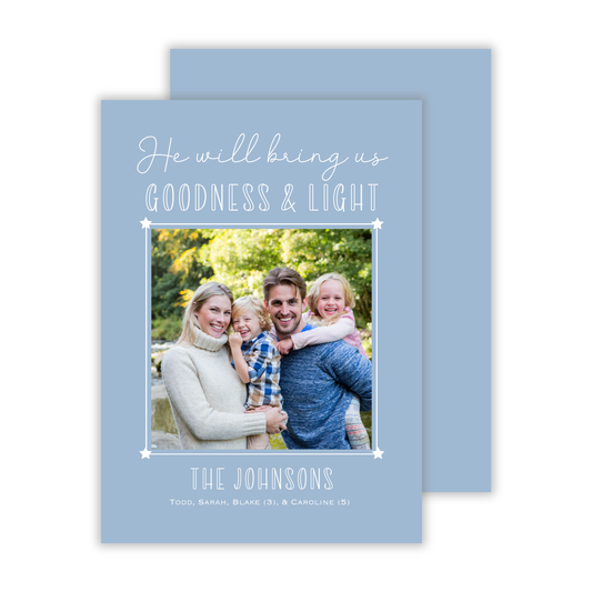photo christmas card with star border and goodness and light reference, ShooFly Paper Co. Auburn, Alabama