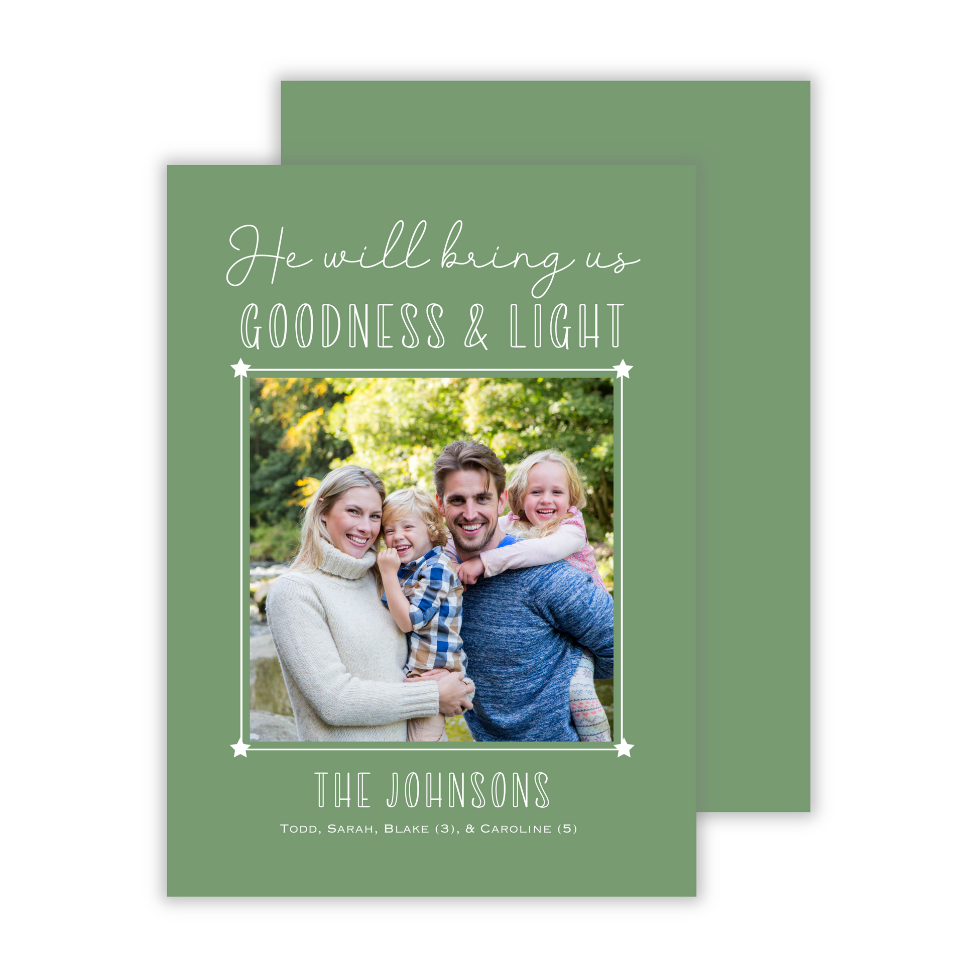 minimalist photo christmas card with green background and goodness and light text, ShooFly Paper Co. Auburn, Alabama