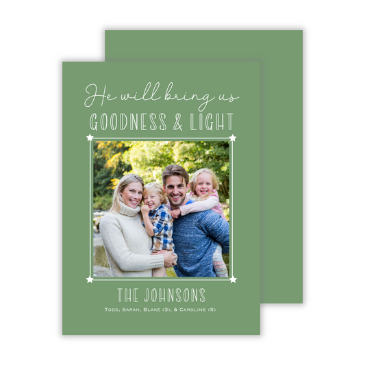 minimalist photo christmas card with green background and goodness and light text, ShooFly Paper Co. Auburn, Alabama