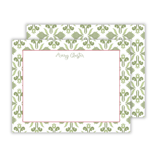 personalized notecard set with green watercolor block print pattern, ShooFly Paper Co. Auburn, Alabama