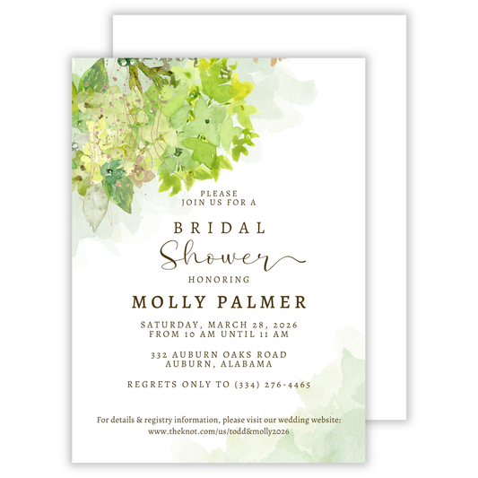 personalized bridal shower invitation with watercolor green hydrangea design, ShooFly Paper Co. Auburn, Alabama