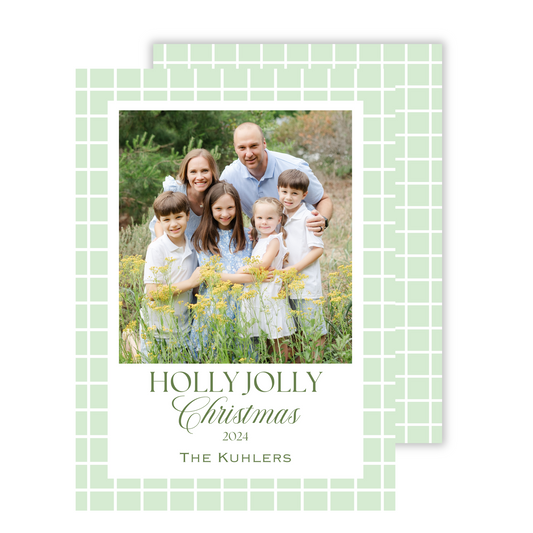 personalized photo christmas card with light green plaid background and simple holly jolly christmas text, ShooFly Paper Co. Auburn, Alabama