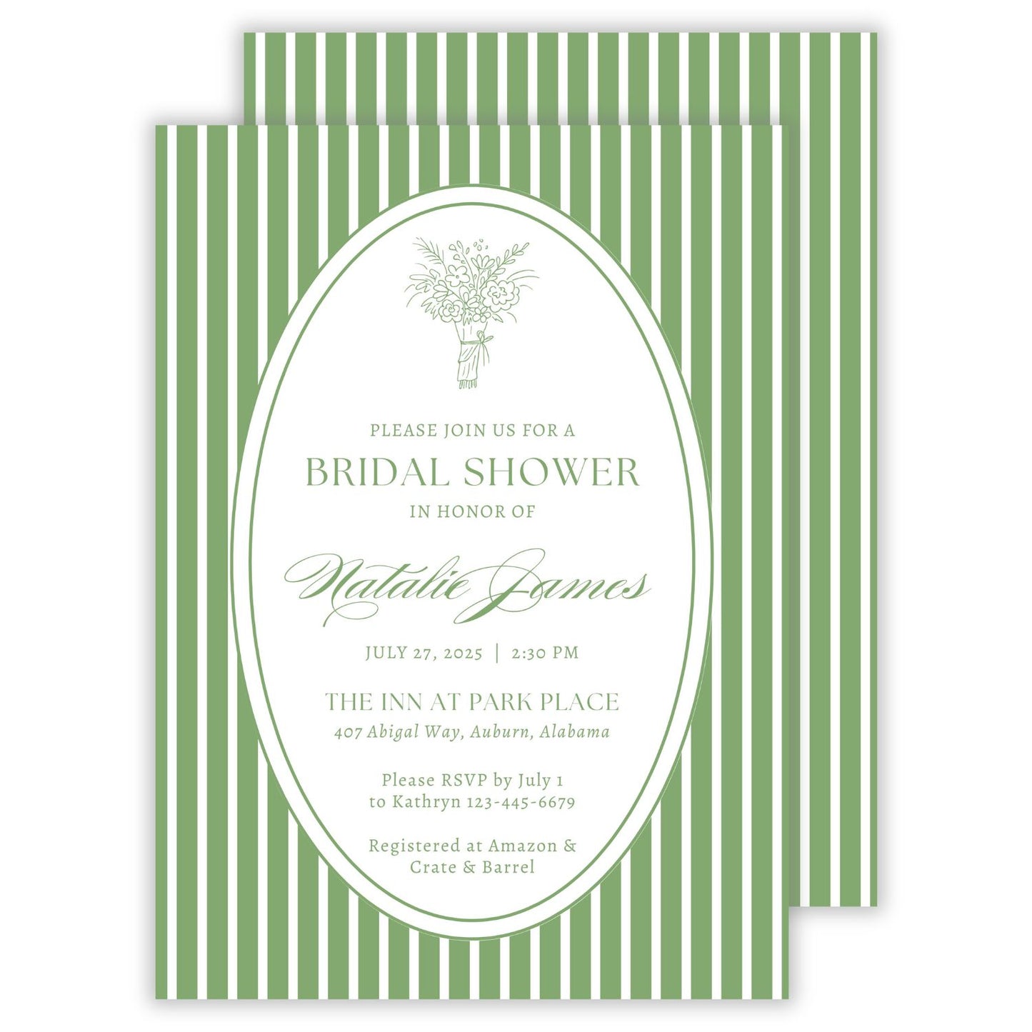 bridal shower invitation with green and white striped background and a sketch floral bouquet, ShooFly Paper Co. Auburn, Alabama