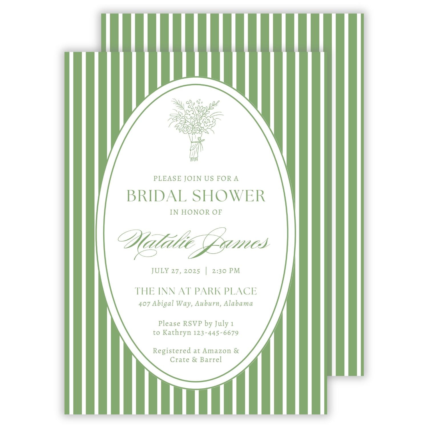 bridal shower invitation with green and white striped background and a sketch floral bouquet, ShooFly Paper Co. Auburn, Alabama